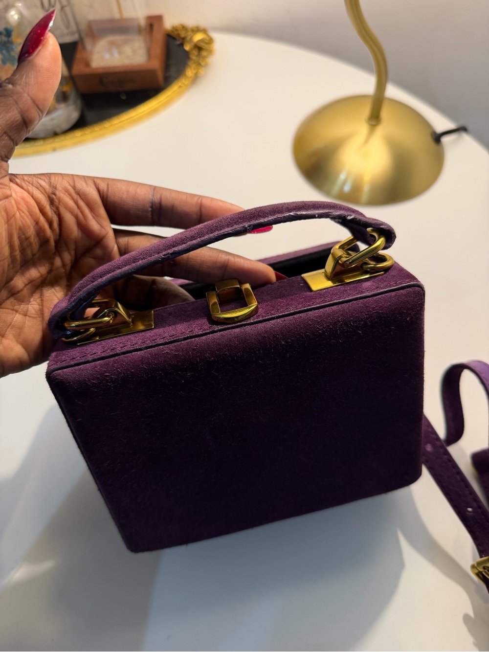 Brandon Blackwood Deep Purple Suede Top Handle Box Bag with Gold Hardware - Picture 4 of 10